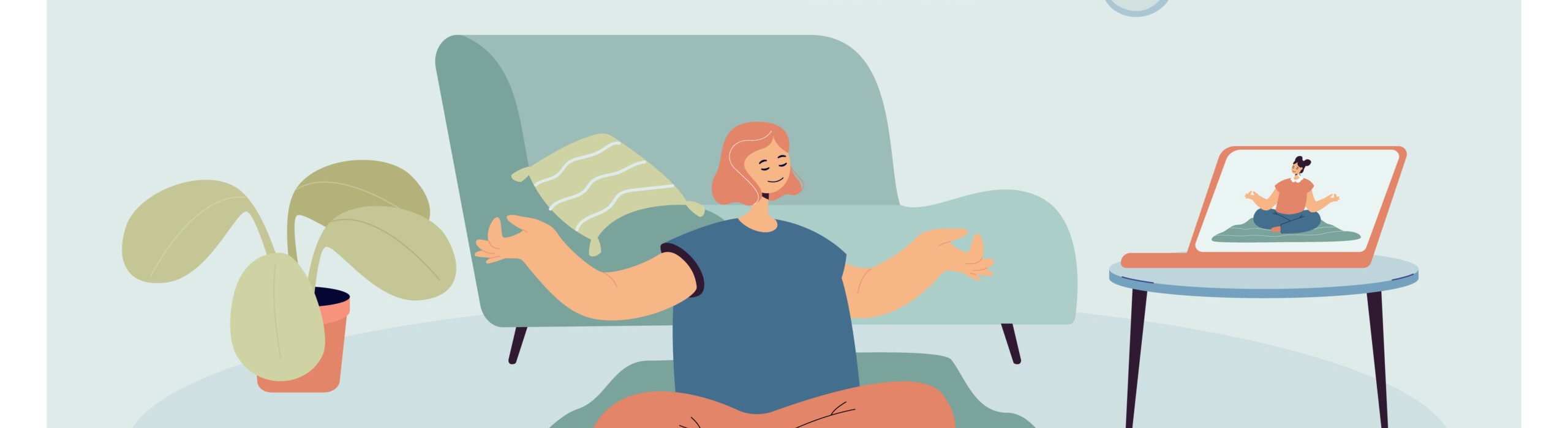 Woman having online yoga class Woman having online yoga class. Female character watching live video via laptop and doing exercises at home flat vector illustration. Health, education, modern technology, leisure activity concept